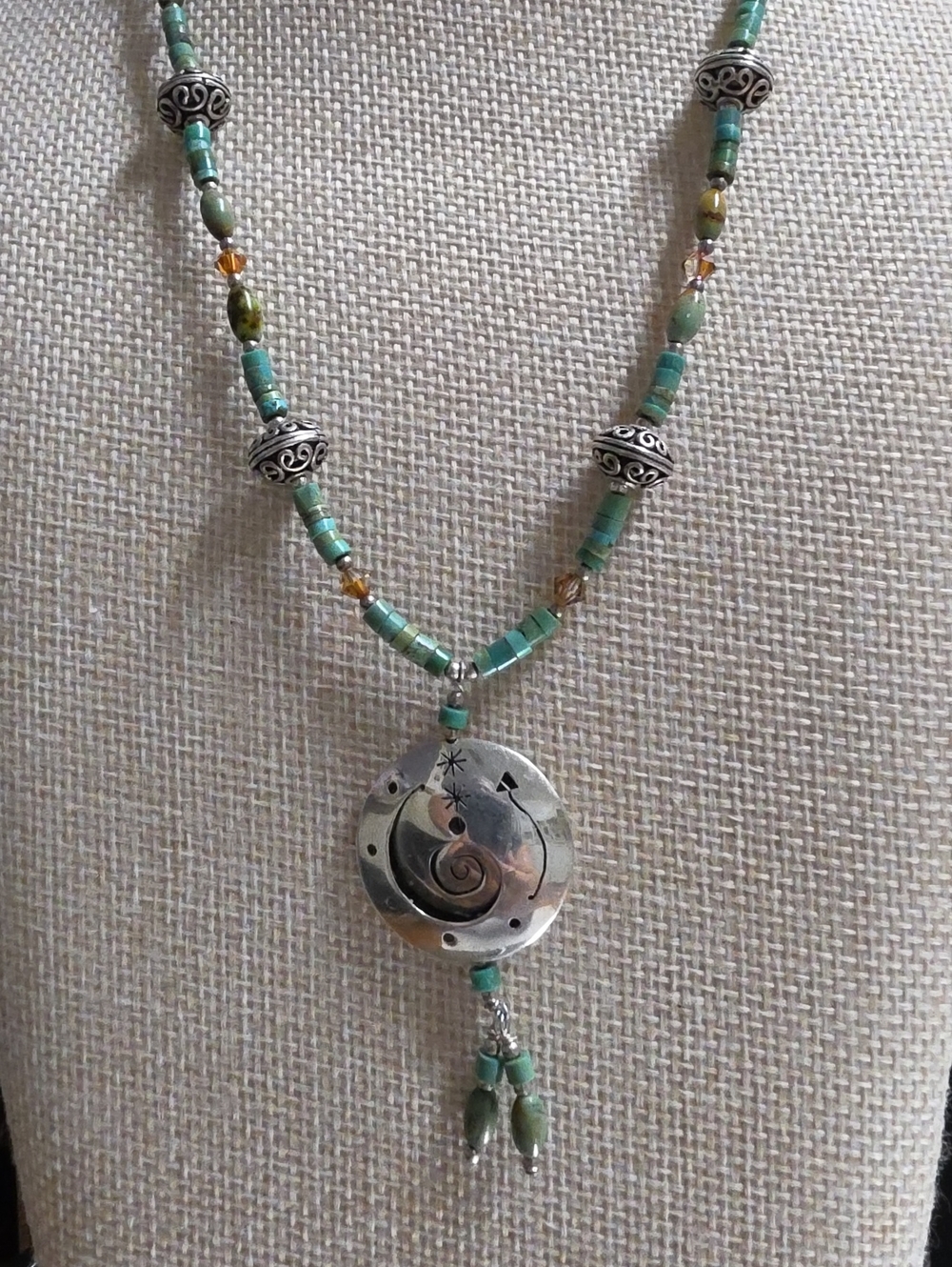 Southwestern Artisan Turquoise Heishi & Amber Crystal Celestial Necklace